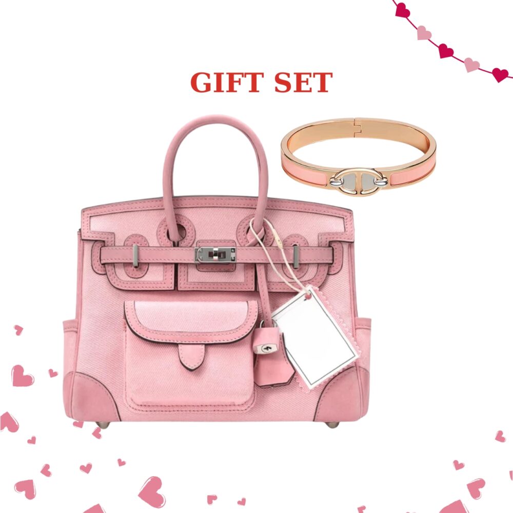 Gift Set: Hermès Birkin 25 Cargo Travel Bag Pink 25Cm With Mini Clic Anchor Chain Bracelet Rose Gold Tone With Light Pink H209000Fo1Zpm