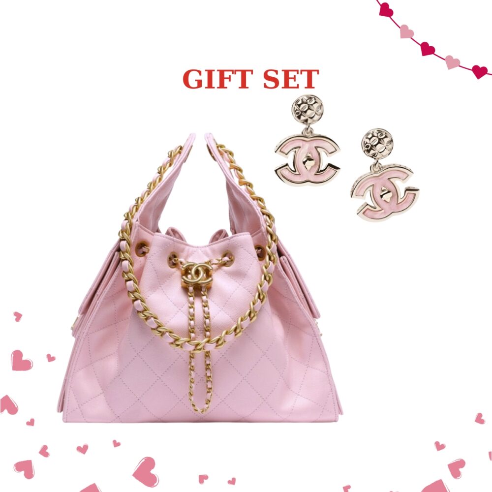 Gift Set: Chanel 25 Small Handbag Grained And Gold Tone Metal Light Pink 26Cm AS5293 B20304 NAGEO With Large Enamel Cc Dangle Earrings Light Pink