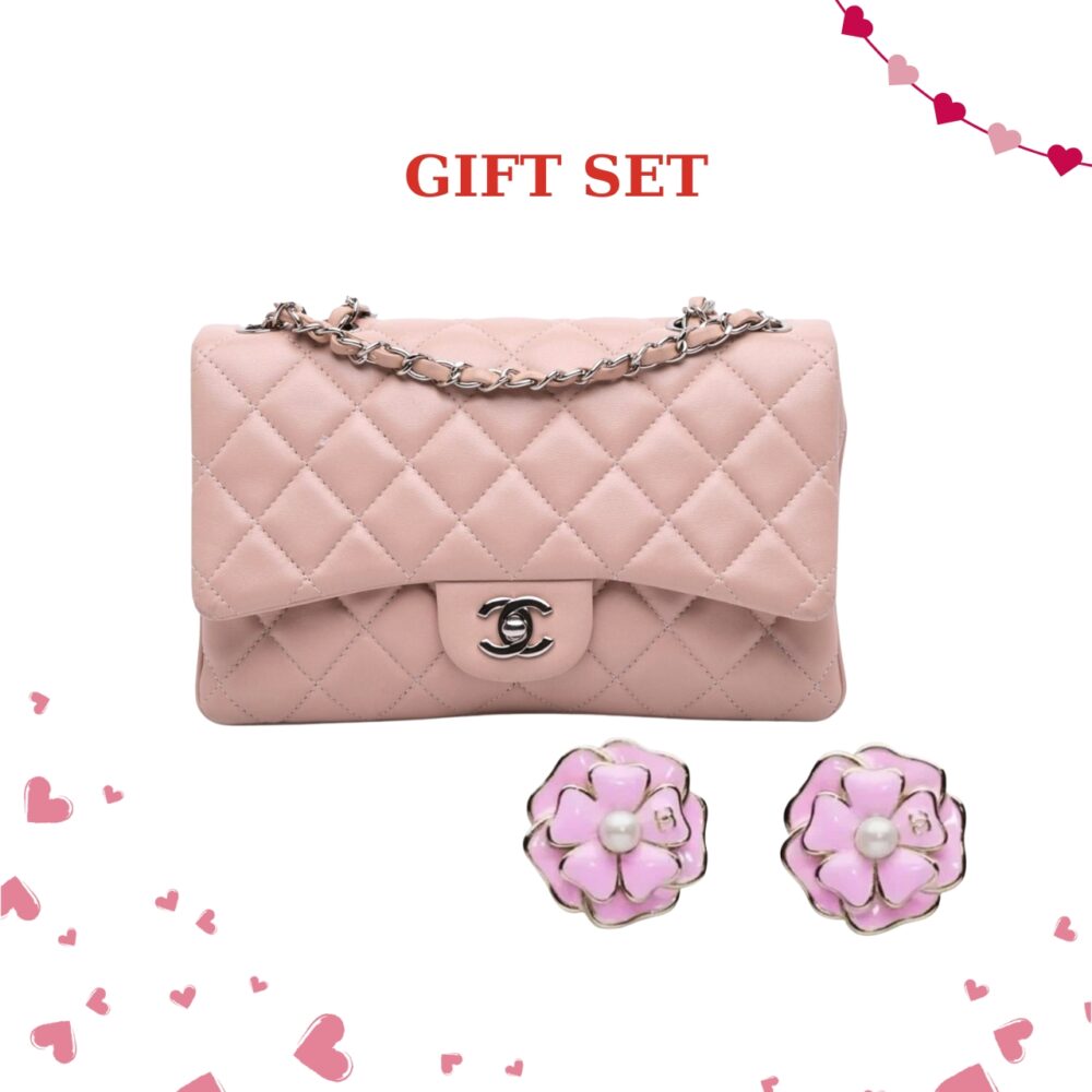 Gift Set: Chanel Classic Double Flap Bag Silver Hardware Light Pink 25Cm With Camellia Earrings Pink Abg218 B21624 U3368