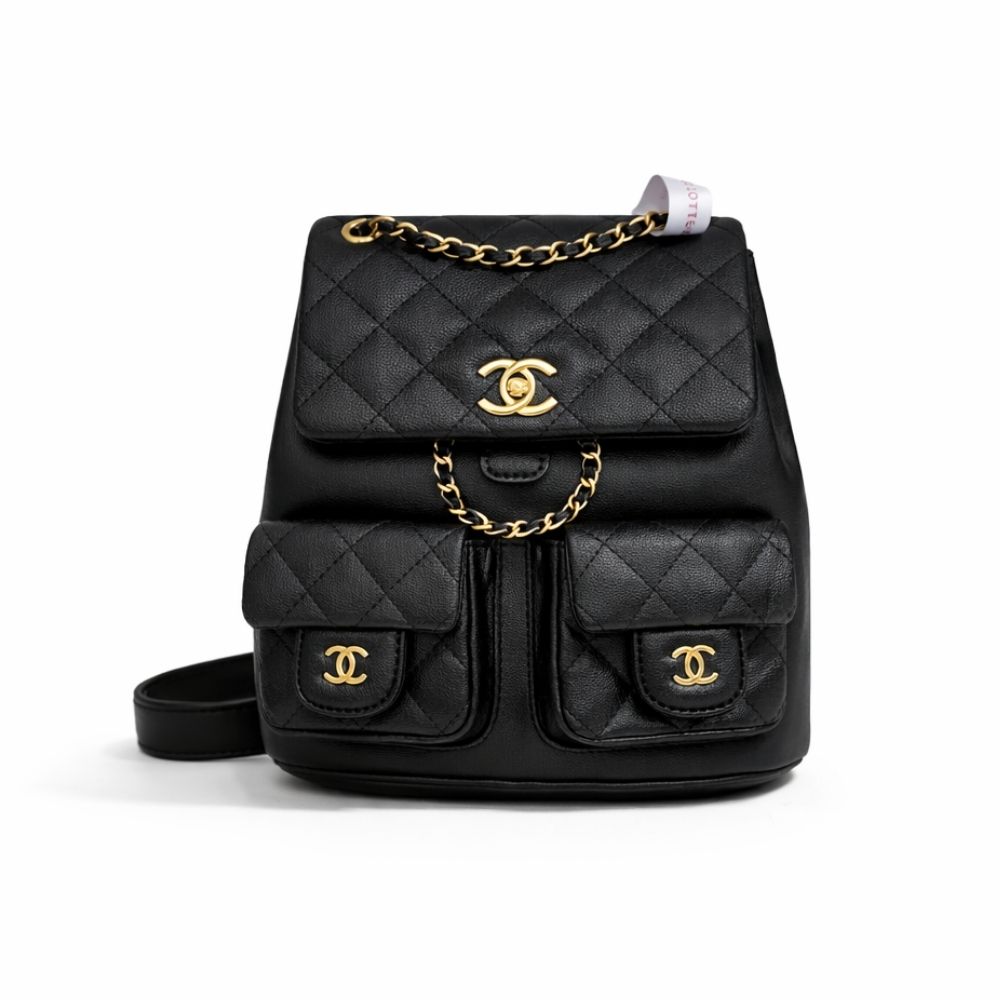 Chanel Mini Backpack Quilted Caviar Leather Black Gold Hardware 21Cm