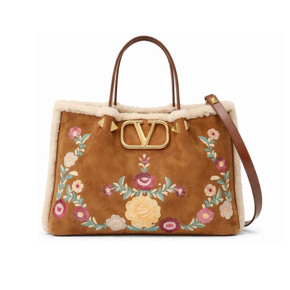 Valentino Garavani Medium Shopping Bag In Embroidered Suede With Lining 35cm 7W0B0R44JYI A8F