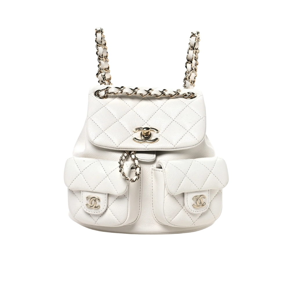Chanel Shiny Caviar Quilted Small Duma Pockets Drawstring Backpack White 21cm