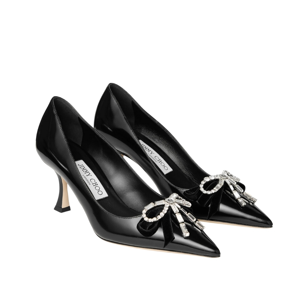 Jimmy Choo Auria 70 Soft Spazzolato Pumps with Velvet and Crystal Bow Black AURIA70BSV