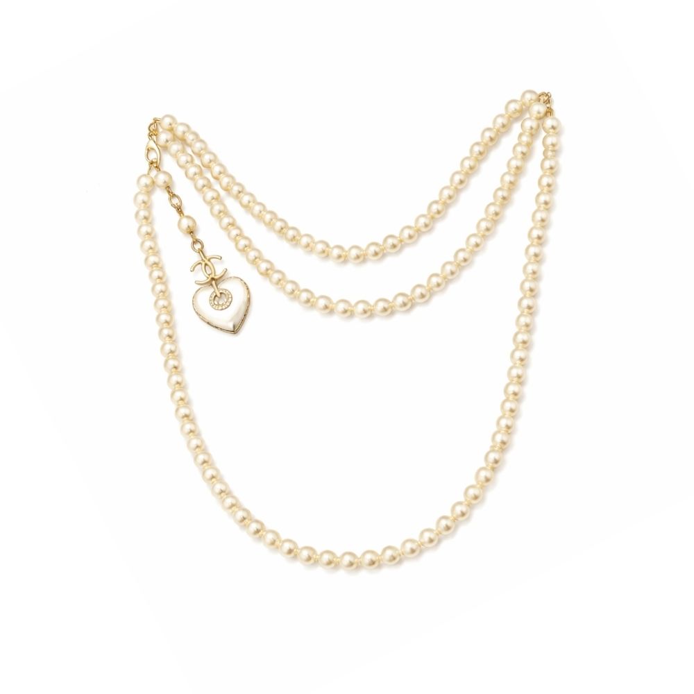 Chanel Double Strand Pearl Necklace with Heart Shaped Charm