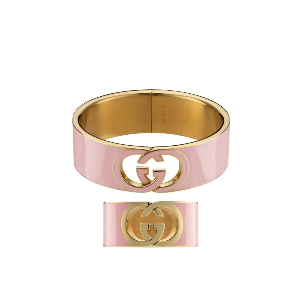 Set Gucci Cuff Bracelet And Ring Interlocking Enamel Light Pink Gold Tone