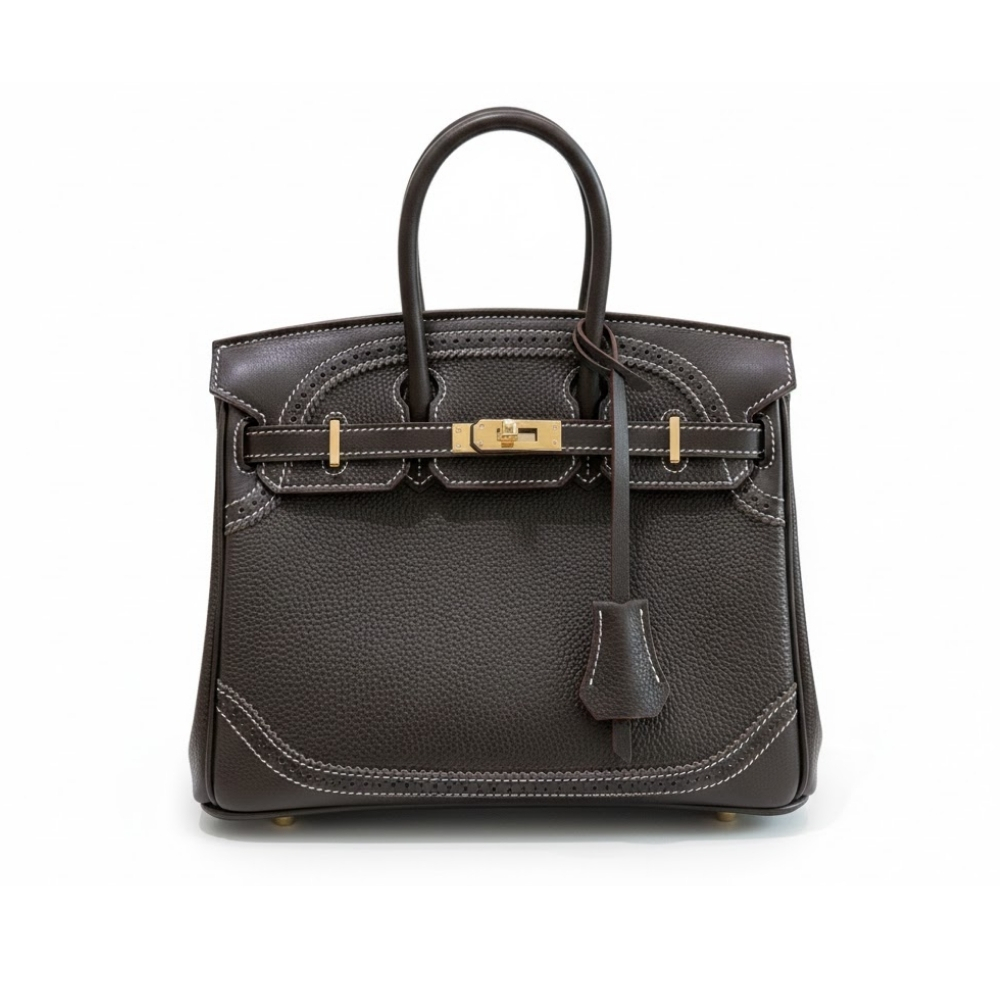 Hermès Birkin With Gold Lock And Clochette Black Pebbled Leather 25Cm
