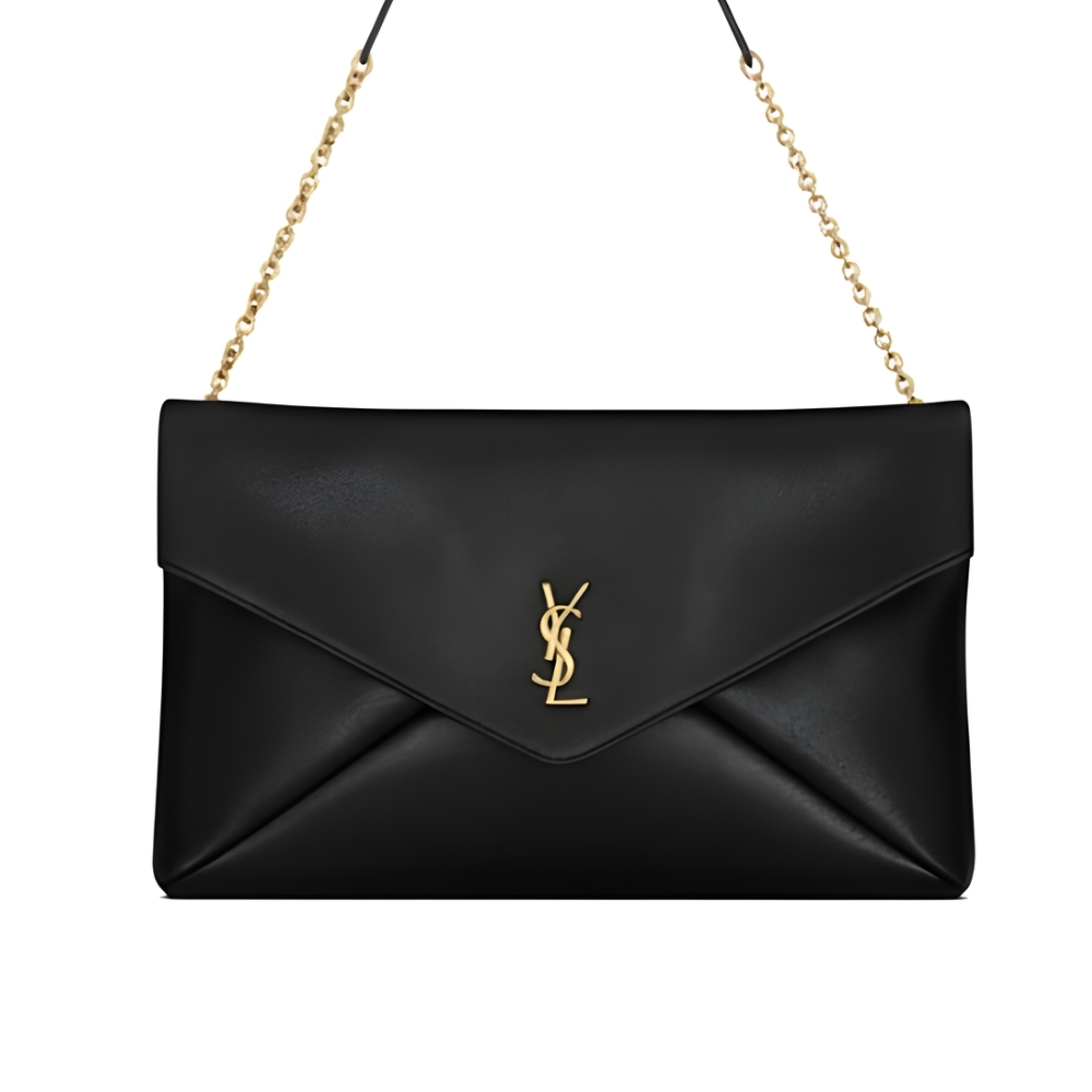 Saint Laurent Cassandre XXL Pouch On Chain In Shiny Leather Black 35Cm