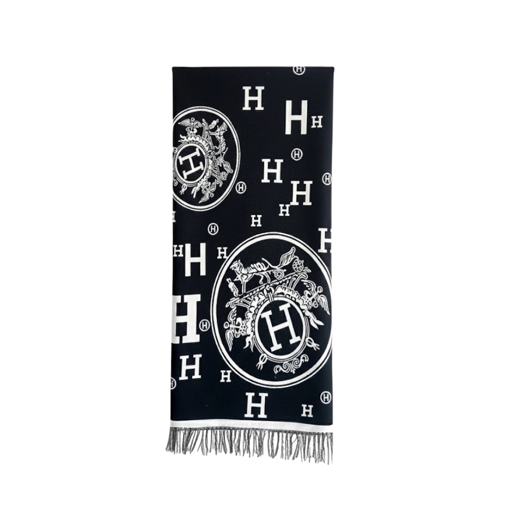 Hermes Muffler H Logo Wool Shawl Black 180Cm