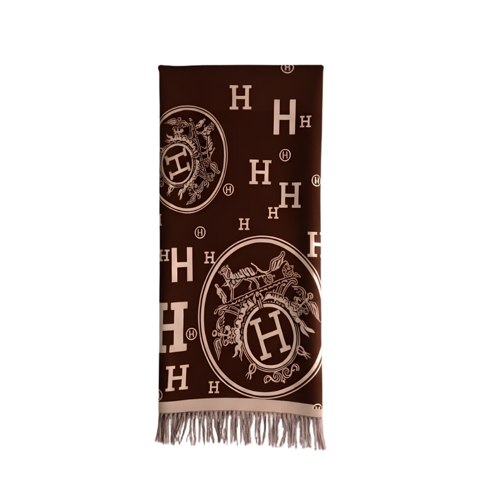Hermes Muffler H Logo Wool Shawl Brown 180Cm