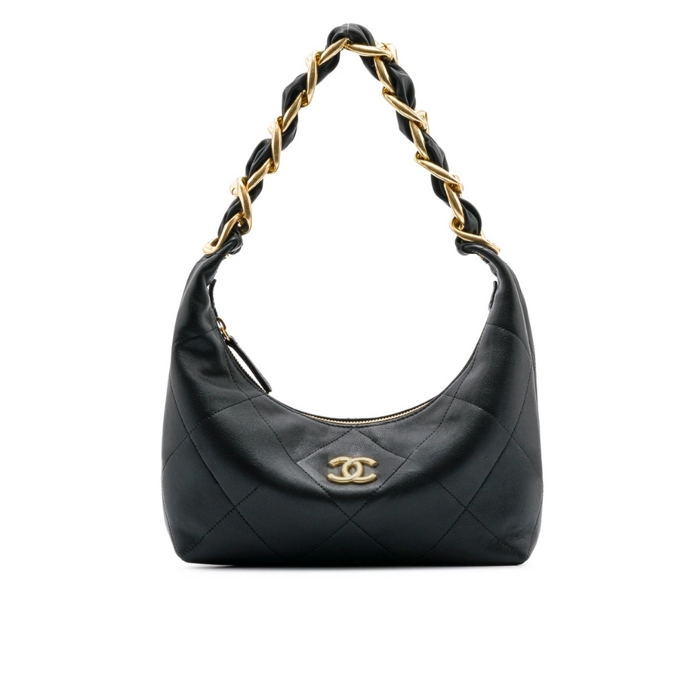 Chanel Hobo Handbag Shiny And Gold Tone Metal Black 24Cm