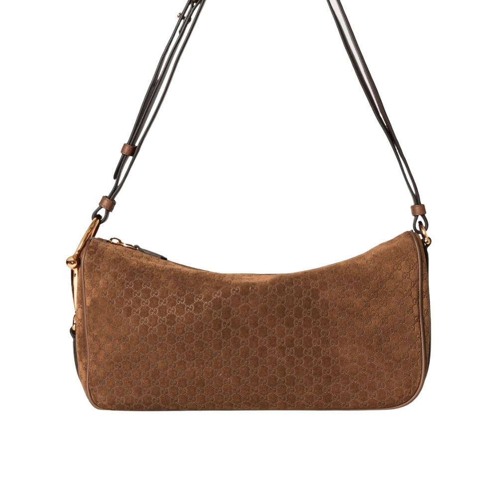 Gucci Half Horsebit Medium Shoulder Bag Brown GG Suede 31Cm ‎860787 AAEE7 2118