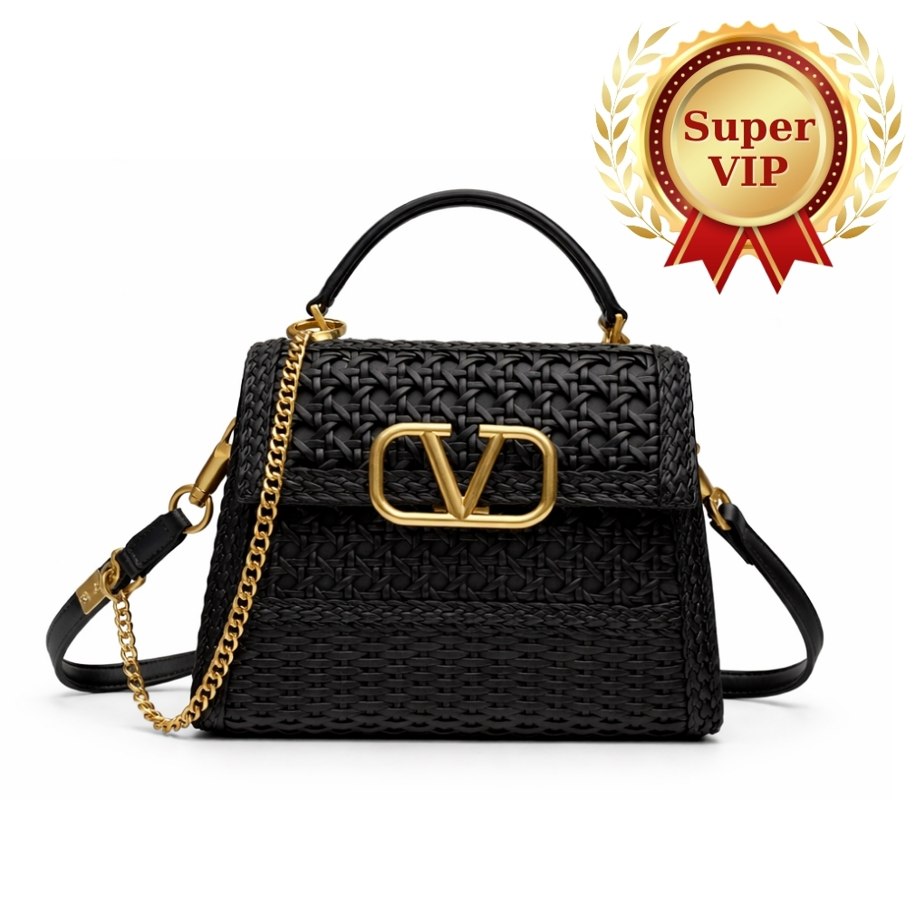[Super Vip 1:1] Valentino Garavani Small Vsling Wicker Handbag Black 22cm