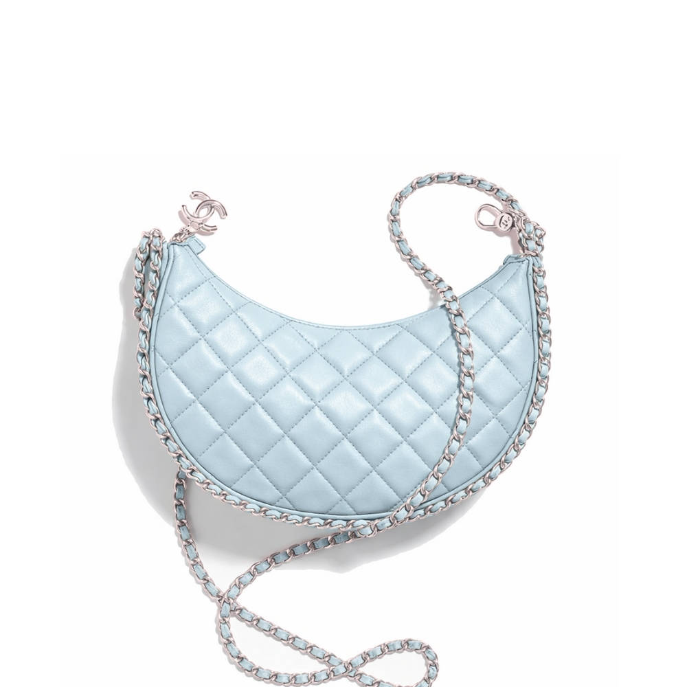 Chanel Hobo Bag Shiny Silver Metal Light Blue 20Cm