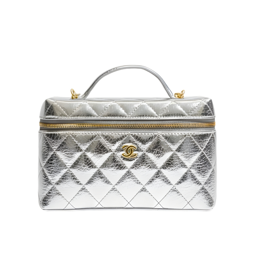 Chanel Vanity Case With Chain Metallic Silver 20Cm
