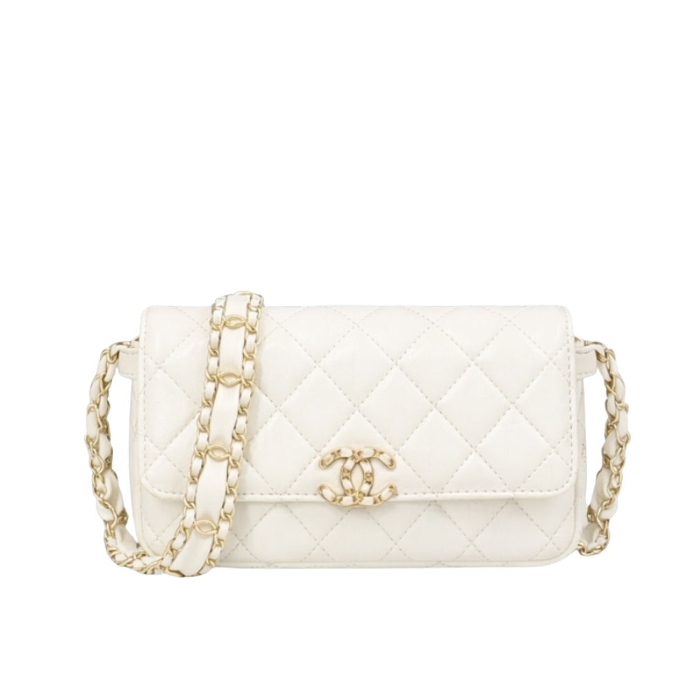 Chanel Phone Holder with Chain Aged Leather White 18Cm AP3570 B14306 10601