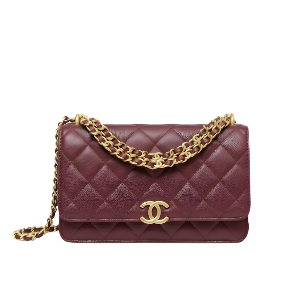 Chanel Wallet On Chain Gold Tone Metal Dark Burgundy 19Cm