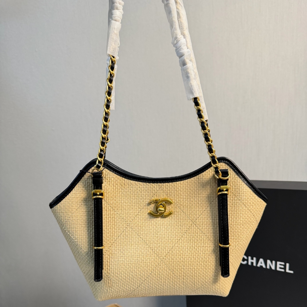 Chanel Small Shopping Bag Braided Raffia Effect Canvas And Gold Tone Metal In Beige 20Cm - Image 3