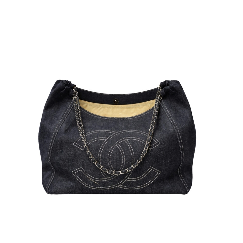 Chanel Large Tote Bag Black Denim Chain Strap 36Cm