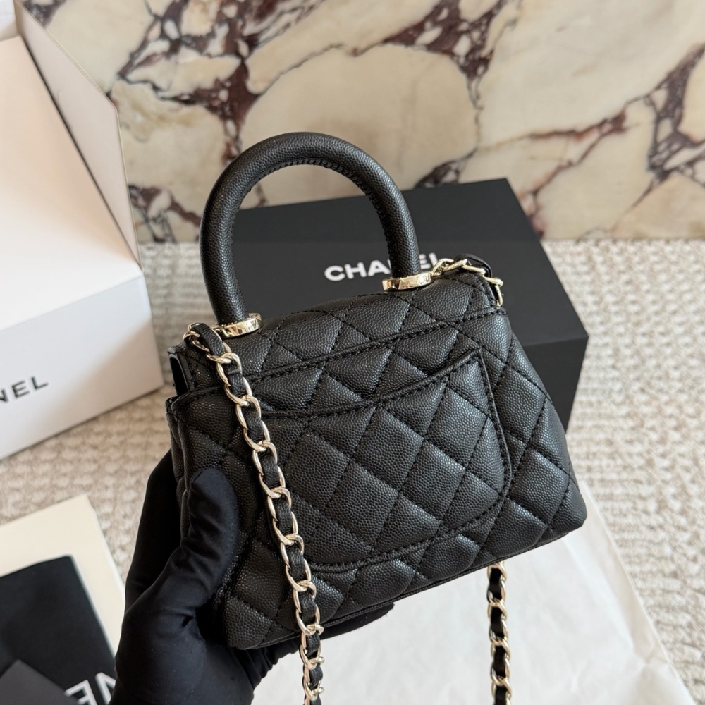 Chanel Mini Flap Bag With Top Handle Shiny And Gold Tone Metal Black 15Cm AS2215 B05061 94305 - Image 7