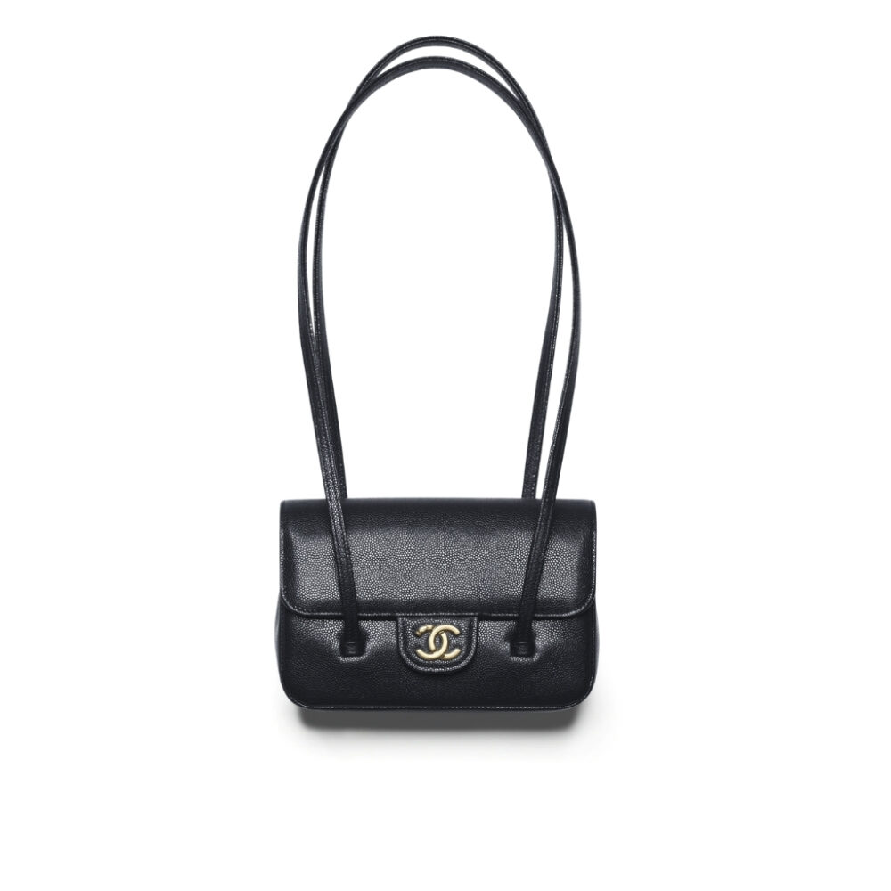 Chanel Clutch With Leather Strap Grained Shiny And Gold Tone Black 17cm