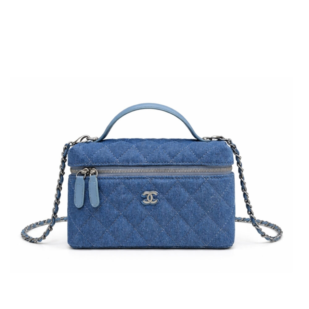 Chanel Classic Vanity With Chain Silver Tone Denim Blue 19cm