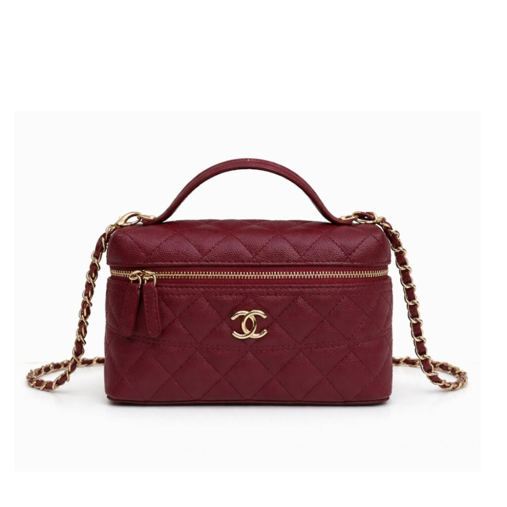 Chanel Classic Vanity With Chain Gold Tone Dark Red 19cm