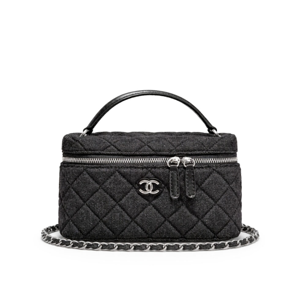 Chanel Classic Vanity With Chain Silver Tone Denim Black 19cm