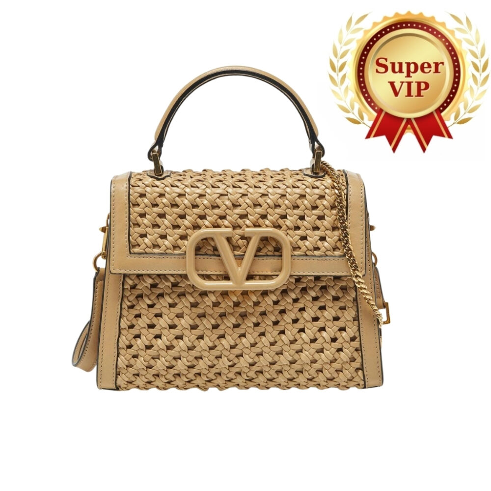 [Super Vip 1:1] Valentino VSling Beige Woven Leather Small Top Handle Bag