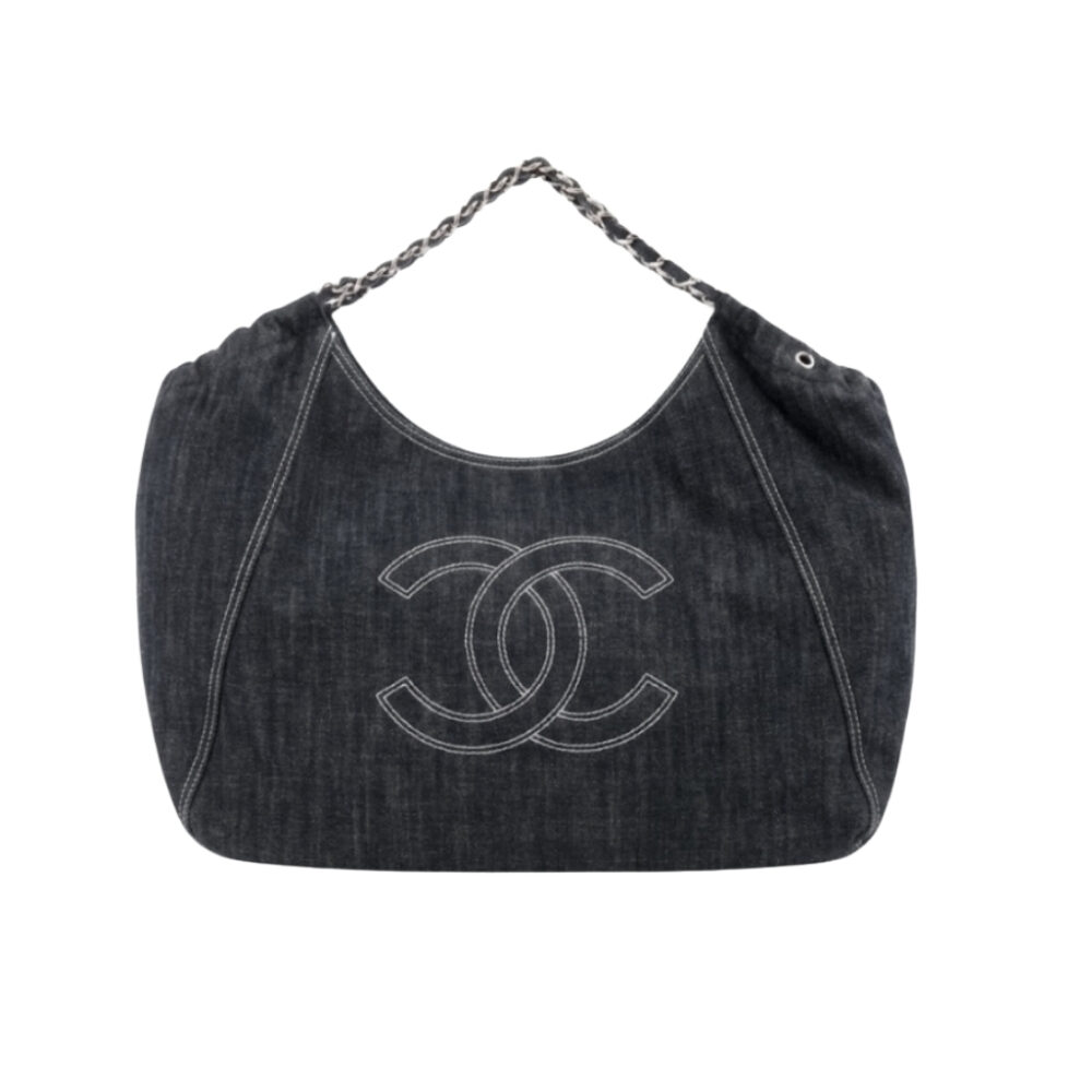 Chanel Large Tote Bag Black Denim Chain Strap 36Cm