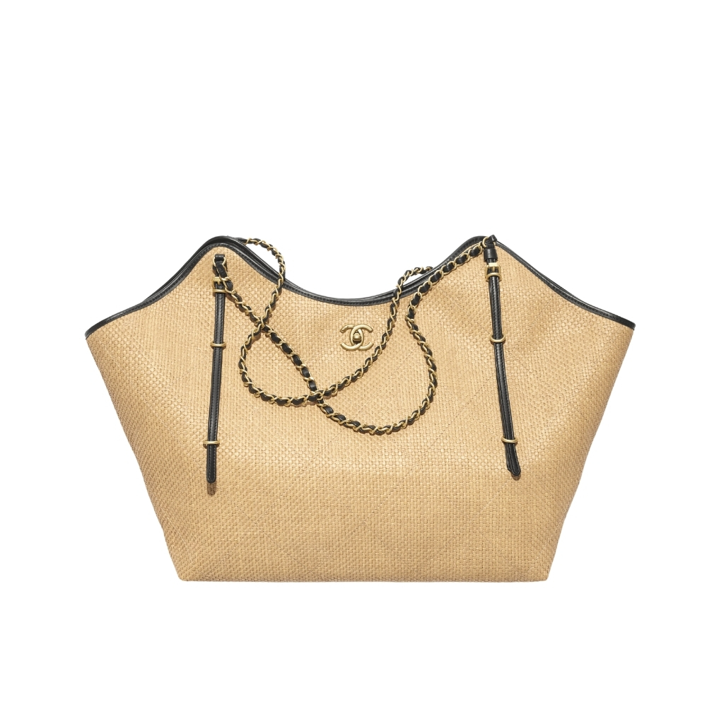 Chanel Medium Shopping Bag Braided Raffia And Gold Tone Metal In Beige 30Cm