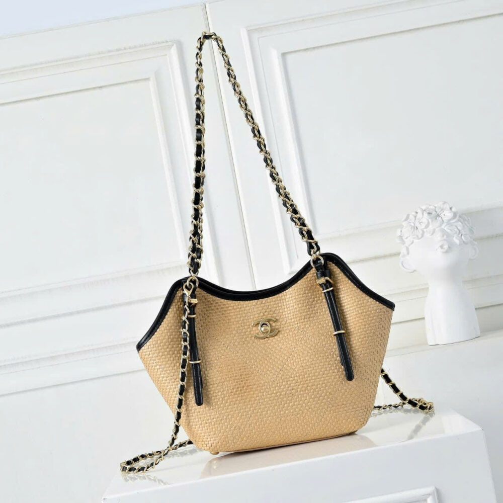 Alternative view of Chanel Medium Shopping Bag Braided Raffia And Gold Tone Metal In Beige 30Cm